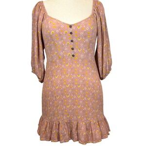 Floral Mini Dress Medium Dusty Rose Puff Sleeves Smocked Back Ruffle Hem Boho